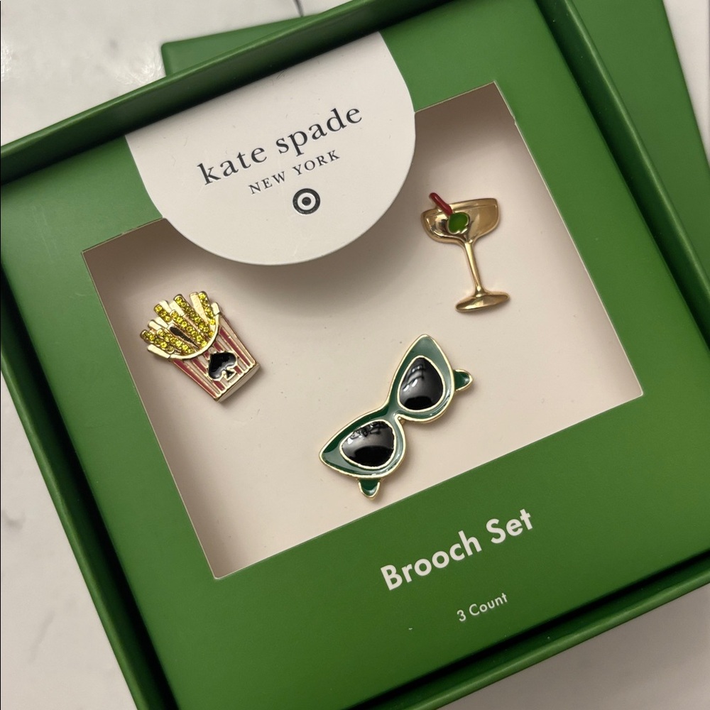 Kate Spade Target 3pk Novelty Pin Brooch Set Gold Pink and Green New Limited - Picture 7 of 10